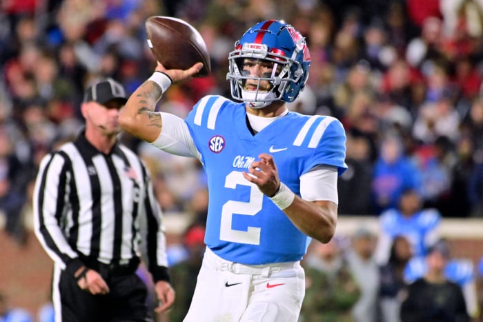 Ole Miss quarterback Matt Corral throws